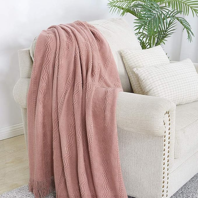BOURINA Coral Pink Throw Blanket 60 x80 Inches Textured Solid Soft Sofa Throw Bed Runner Knitted Decorative Blanket
