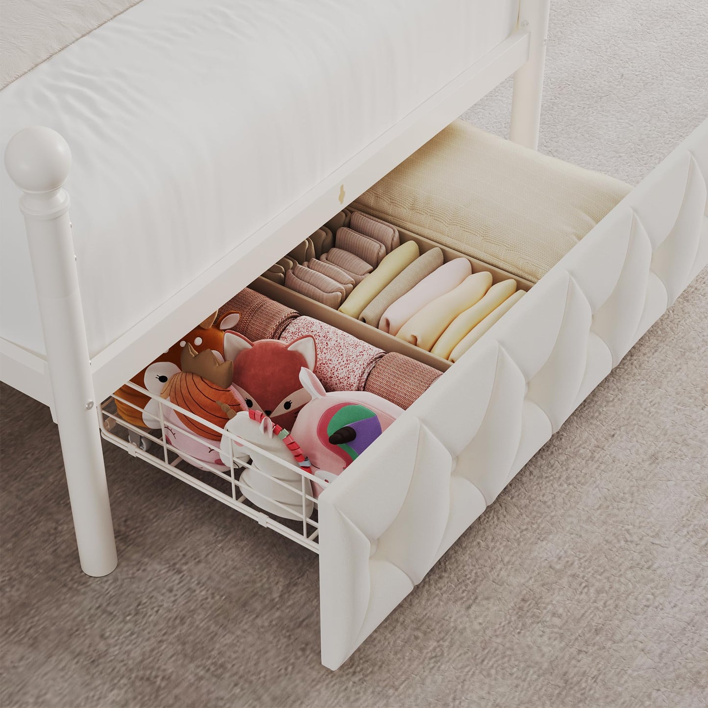 Keyluv Twin Size Upholstered LED Canopy Bed Frame with Charging Station and Drawer, Button Tufted Crown Headboard with Storage Shelf, Two-Purpose Removable Four Poster Design Platform Bed, Beige