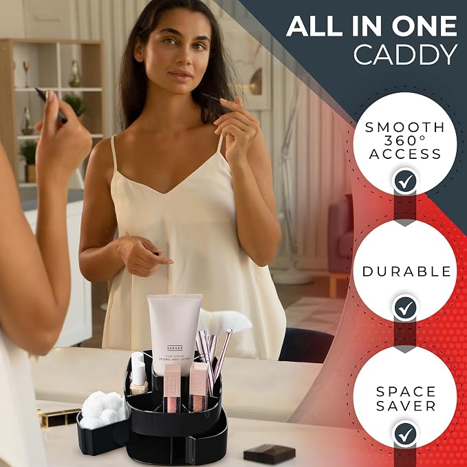 Masirs 360° Rotating Makeup Organizer for Vanity – Small Acrylic Cosmetic Storage Caddy with 5 Compartments, Mini Lazy Susan Turntable for Bathroom Counter, Skincare, Perfume, Brushes, Black