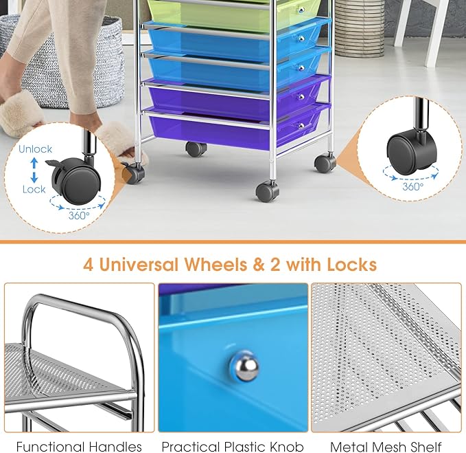 MEDIMALL 10 Drawers Rolling Storage Cart, Multipurpose Craft Storage Cart with Wheels, Mobile Tools Scrapbook Paper Organizer Cart for Office School Home Use (Rainbow)