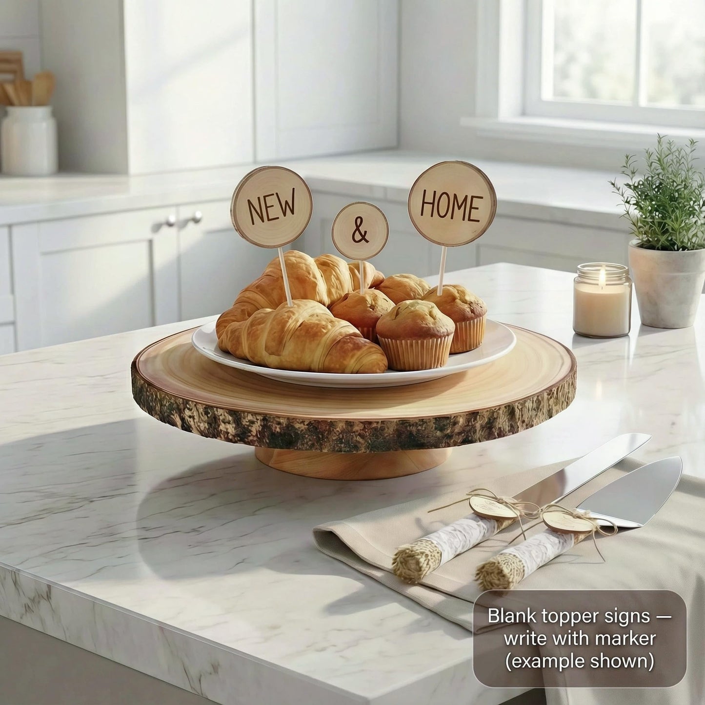 Relaxing Garden Customizable 12 Inch Rustic Wood Cake Stand Set with Bark Edge, Cake Knife & Server + Blank Wood Slice Topper — Cake Display for Weddings, Birthdays, Showers & Holiday Celebrations