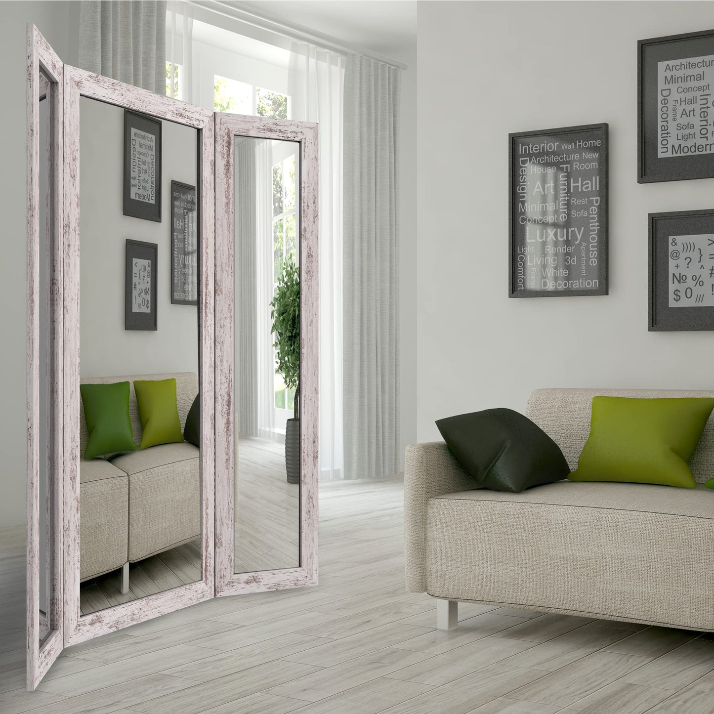Houseables Trifold Mirror Full Length, 3 Way Mirror, Floor Length, Three Way Folding, Standing, Full Body, Wood Framed, 3 Sided for Bedroom, Makeup, Oversized, Foldable, White, 71 x 32 to 65 Inch
