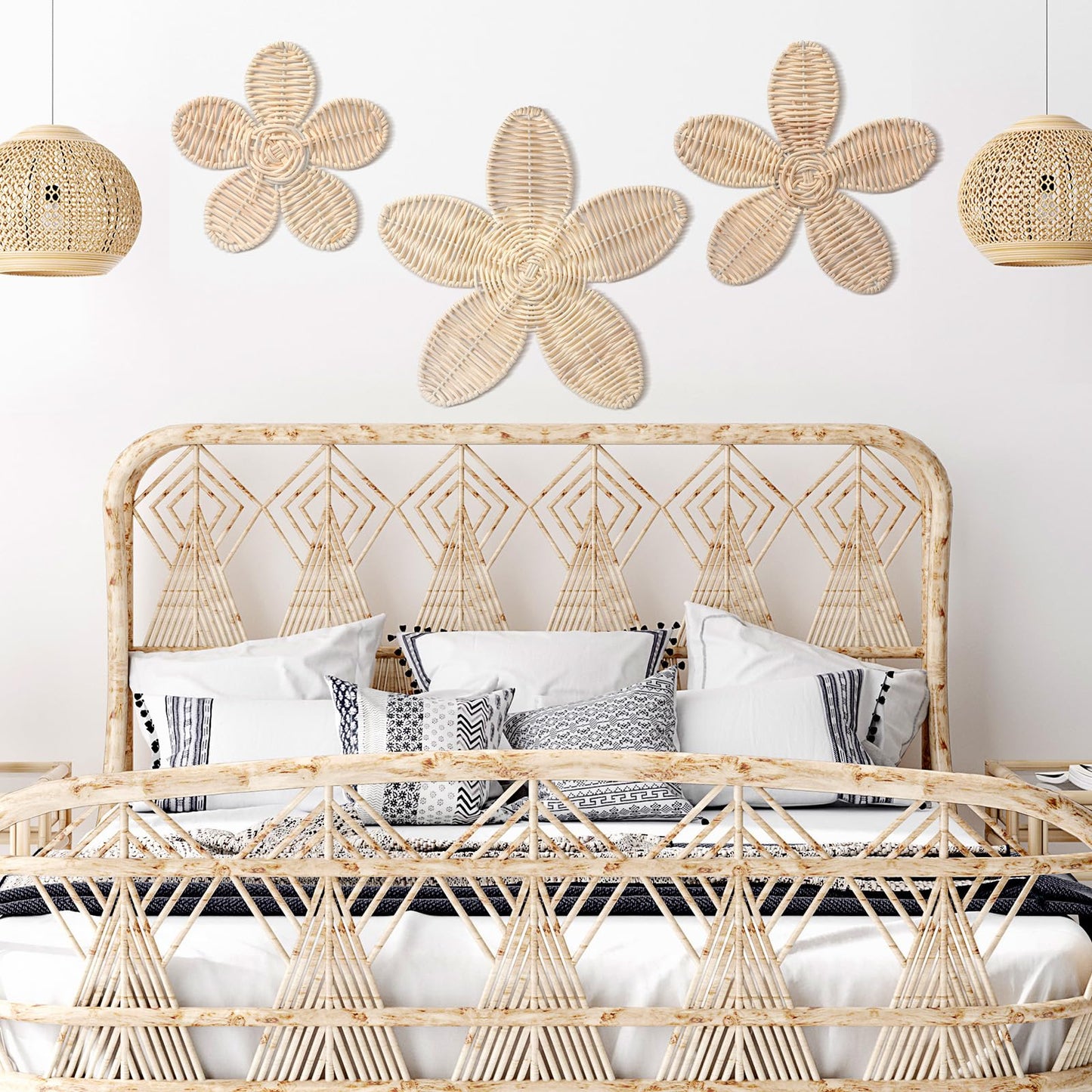 Wesiti 3 Pcs Rattan Flower Wall Decor Boho Daisy Nursery Decoration Woven Rattan Flower Wall Art for Home Nursery Bedroom Farmhouse Decorations Housewarming Gifts