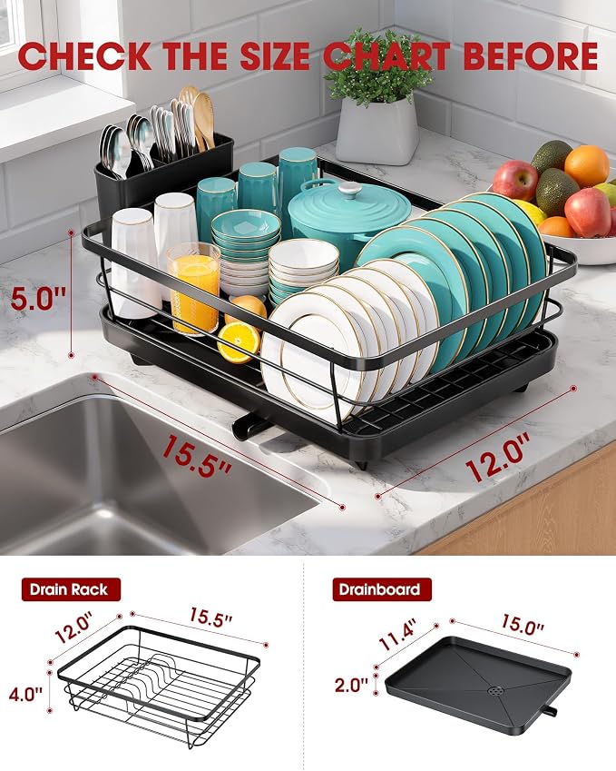 Sakugi Dish Drying Rack - Stainless Steel Dish Rack with Drainboard for Kitchen Counter and Sink, 15.6" D x 12" W x 5" H, Black