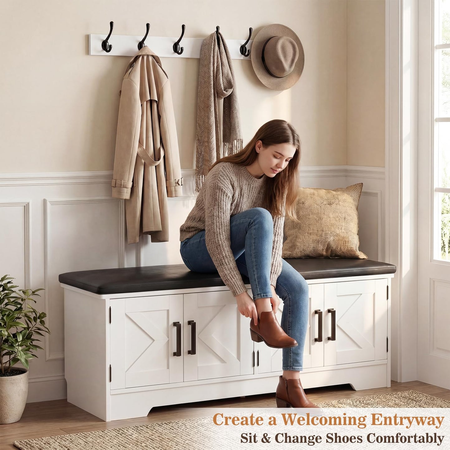 Farmhouse Shoe Storage Bench with Cushion - 43.3" Entryway Bench with Storage & 4 Barn Doors, 2-Tier Wooden Shoe Rack Bench, Hidden Shoe Cabinet & Mudroom Bench for Bedroom Hallway Living Room, White