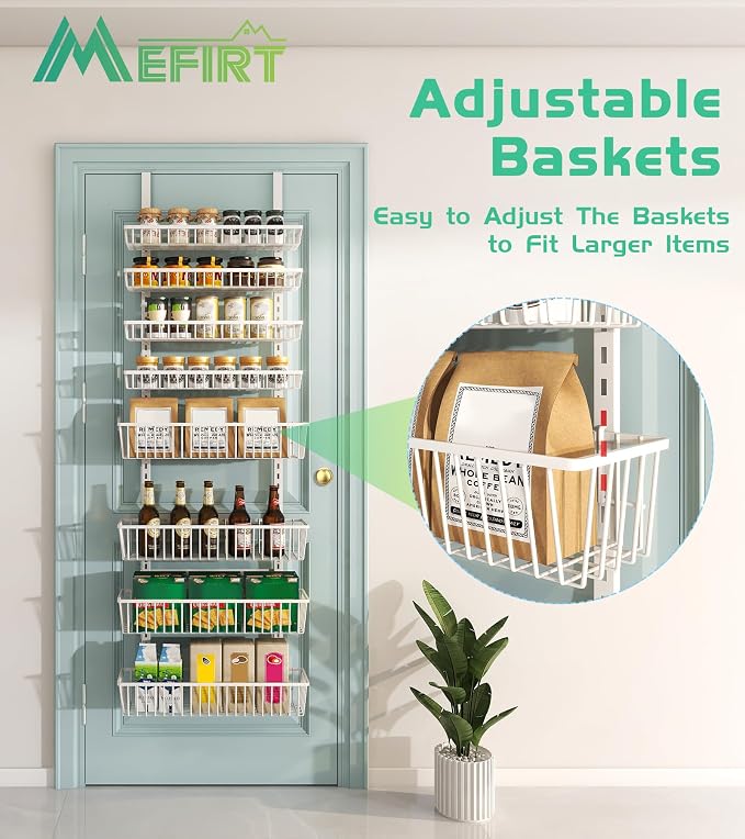 Mefirt Over The Door Pantry Organizer, Pantry Organization and Storage, 8-Tier Deep Baskets Hanging Heavy-Duty Metal, Wall Spice Rack Seasoning Shelves for Home & Kitchen, Laundry Room Bathroom, White