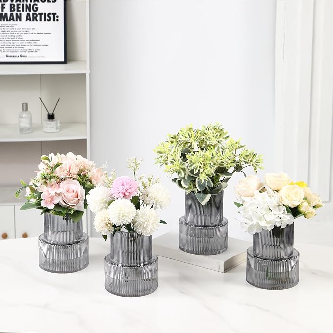 Ribbed Glass Vases, Set of 4 Small Vases for Flowers, Black Glass Vase for Tulips, Modern Vase for Living Room, Kitchen, Office, Entryway, Bookshelf, Wedding Gifts, Birthday, 6 Inches