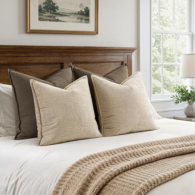 MIULEE Pack of 2 Summer Throw Pillow Covers 18x18 Inch Beige Farmhouse Decorative Pillow Covers with Stitched Edge Soft Chenille Solid Dyed Pillow Covers for Couch Sofa Bed Living Room