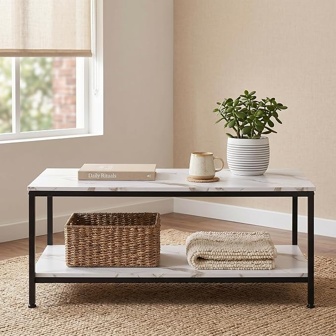 SUPER DEAL 2-Tier Coffee Table with Storage Shelf for Small Apartment Living Room, Rectangle Wood and Stable Metal TV Stand Side End Table, White Marble