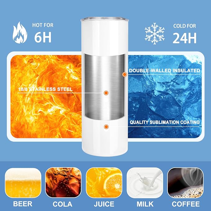 Joyclub Sublimation Tumblers 20 oz 10 Pack Flat Bottom Sublimation Blanks Bulk Stainless Steel Insulated Skinny Straight Cups with Lid and Straw, Gift Box