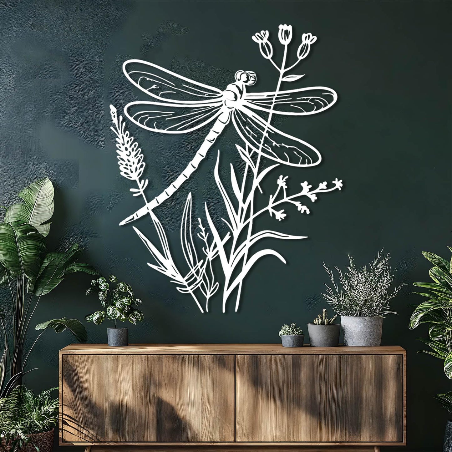 Dragonfly Metal Wall Art, Dragonfly and Flower Metal Wall Decor, Insects Wall Art, Large Dragonflies Wall Hanging, Wild Flower Wall Sculpture, Rustic Farmhouse Decorations (Black, 19"x15"/47x38cm)
