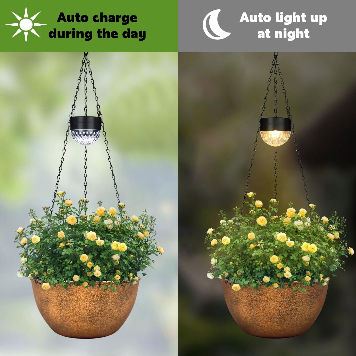 BAYN 2 Packs Solar Hanging Basket Planters for Plants Outdoor, Self Watering Bronze Flower Plants Pots with Solar Light Drainer for Balcony Patio Garden Outdoor Decoration