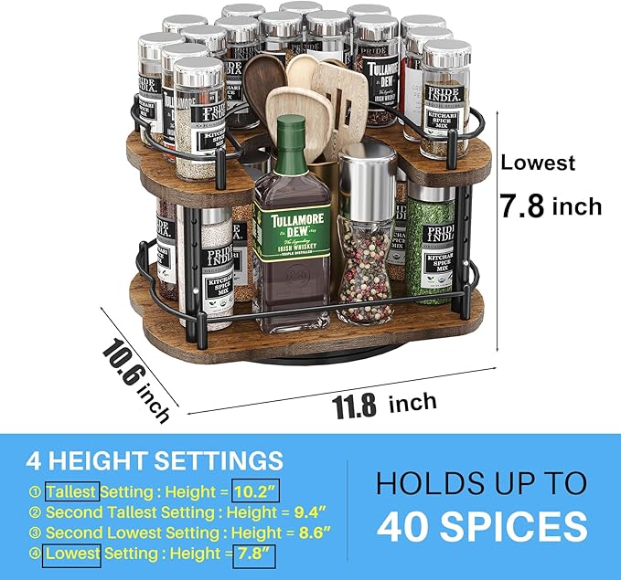 Lazy Susan Organizer Spice Rack - Spice Organization for Cabinet Height Adjustable Rotating Lazy Turntable, Pantry Kitchen Wood Revolving Seasoning Organizer (Vintage, 12 Inch)
