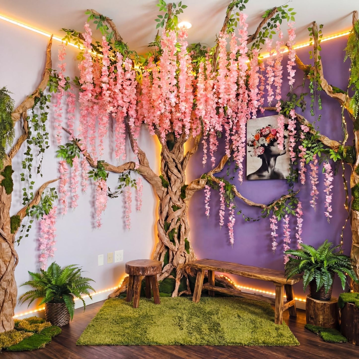 XunYee 3D Wisteria Tree Wall Decor for Room Classroom Ceiling Artificial Wisteria Hanging Flowers DIY Cardboard Paper Tree with Green Vine Kraft Paper Fairy Bulletin Board Decorations(Pink)