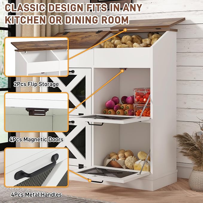 Potato And Onion Storage Bin with Lid,Veggie Bin W/6 Large Storage Box.Root Vegetable Storage Box For Kitchen,Farmhouse Potato Storage Bin W/4 Mesh Doors,Bread Keeper for Toast,Bagel,Donut,Cookies