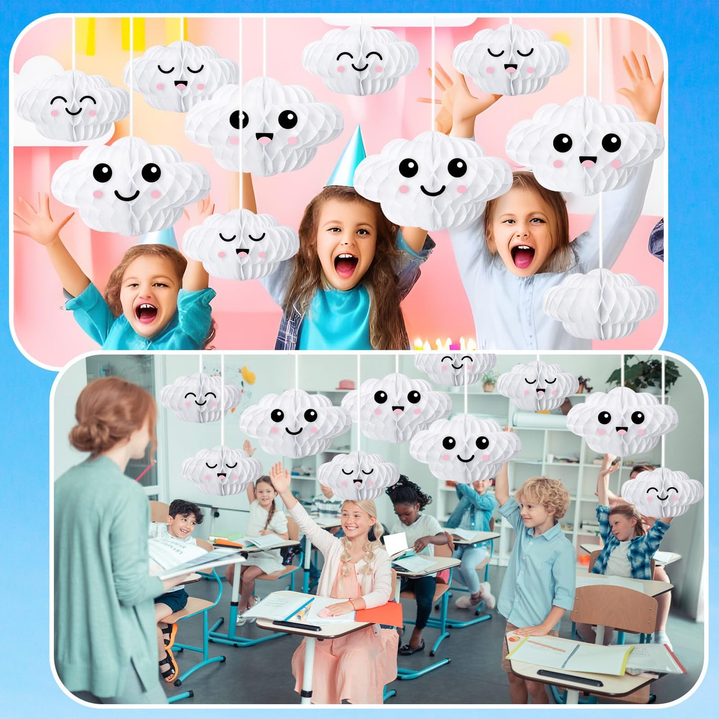 Affrolling 20 Pcs 3D Cloud Decorations Hanging Honeycomb Decor Artificial Cloud Ornaments for Ceiling Art Wedding Birthday Nursery Room Baby Shower Party Decorations (Medium,Cute Style)