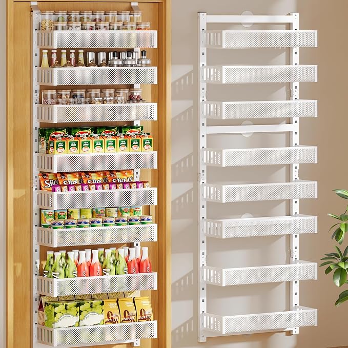 POKIPO 8-Tier Over the Door Pantry Organizer, 2 IN 1 Wall Mount or Hanging Spice Rack with Adjustable Raised Basket, Heavy Duty Back of Door Storage for Kitchen Bathroom Laundry Room