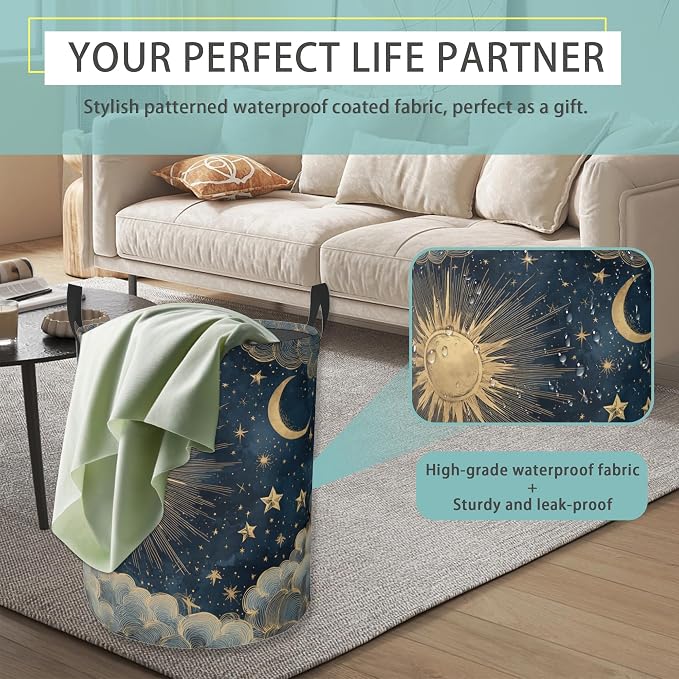 Boho Sun Moon Round Laundry Basket Collapsible Laundry Hamper with Handles Toys Clothes Organizer Bin For Home Bathroom Bedroom Dorm Nursery