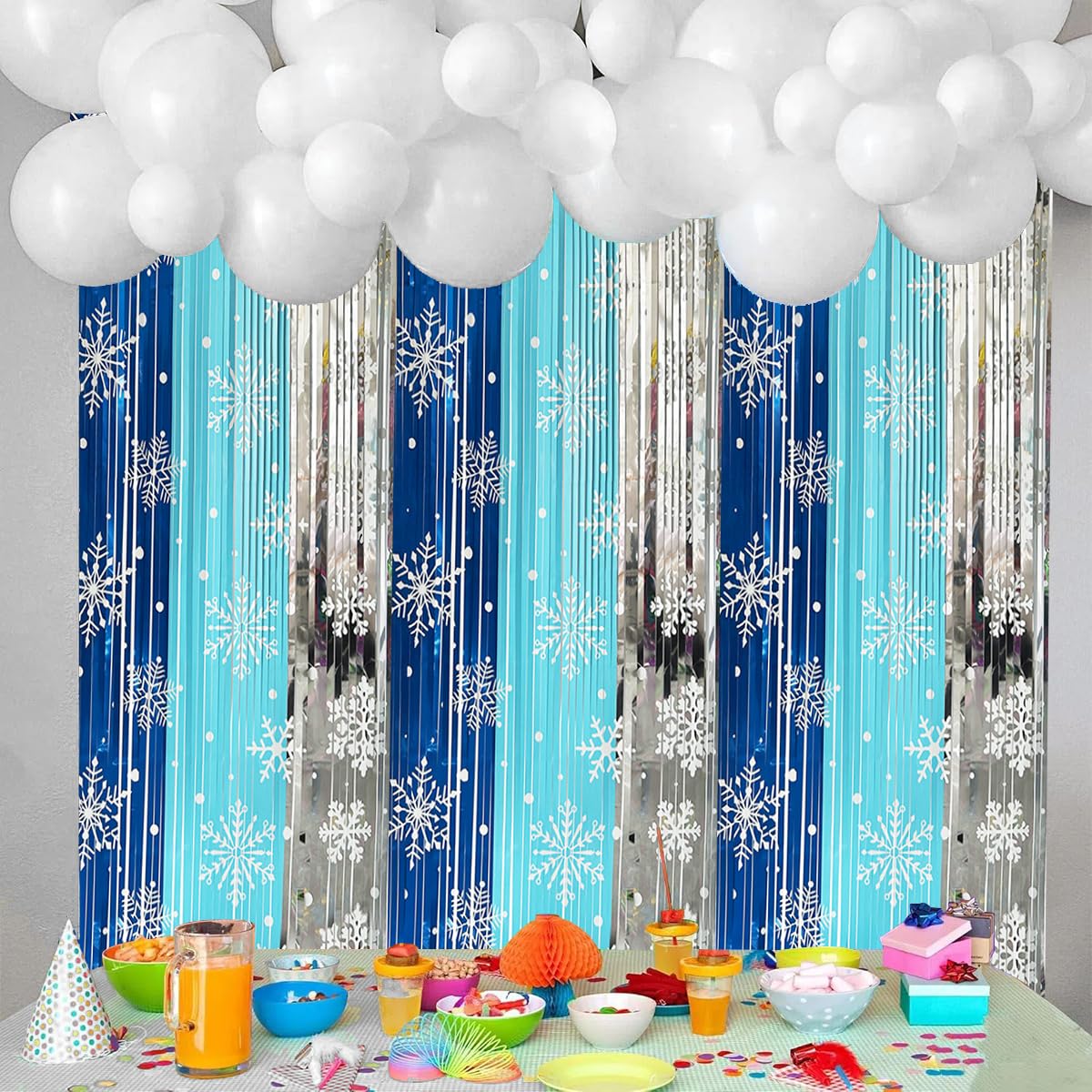3 Pack Winter Themed Party Foil Fringe Curtain Backdrop 3.28x6.56ft,Snowflake Birthday Party Winter Photo Booth Prop Backdrop for Princess Birthday Party Christmas Winters Wonderland Decorations