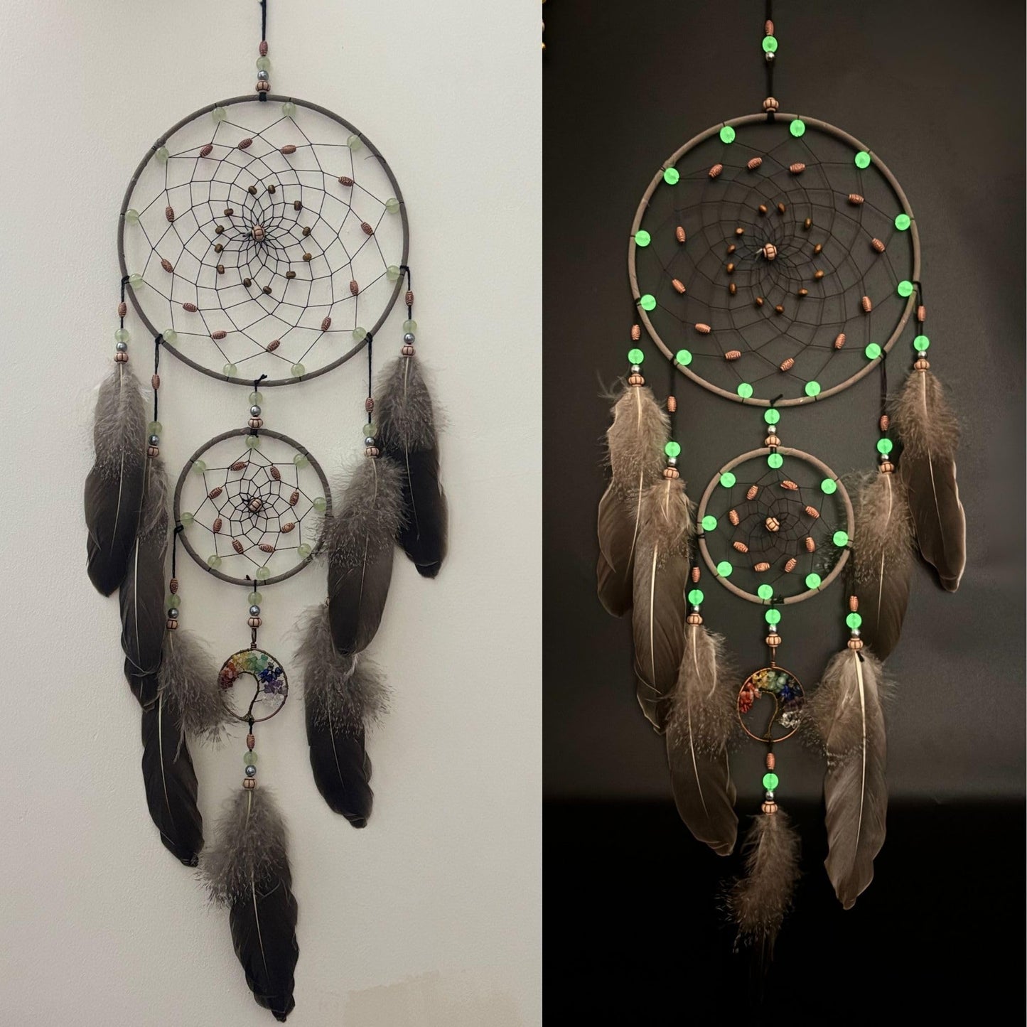 XEYOLHON Dream Catchers for Adults with Luminous Beads Dream Catcher with 7 Chakra Handmade Wall Decor with Native Feather Hanging Ornament for Bedroom Brown
