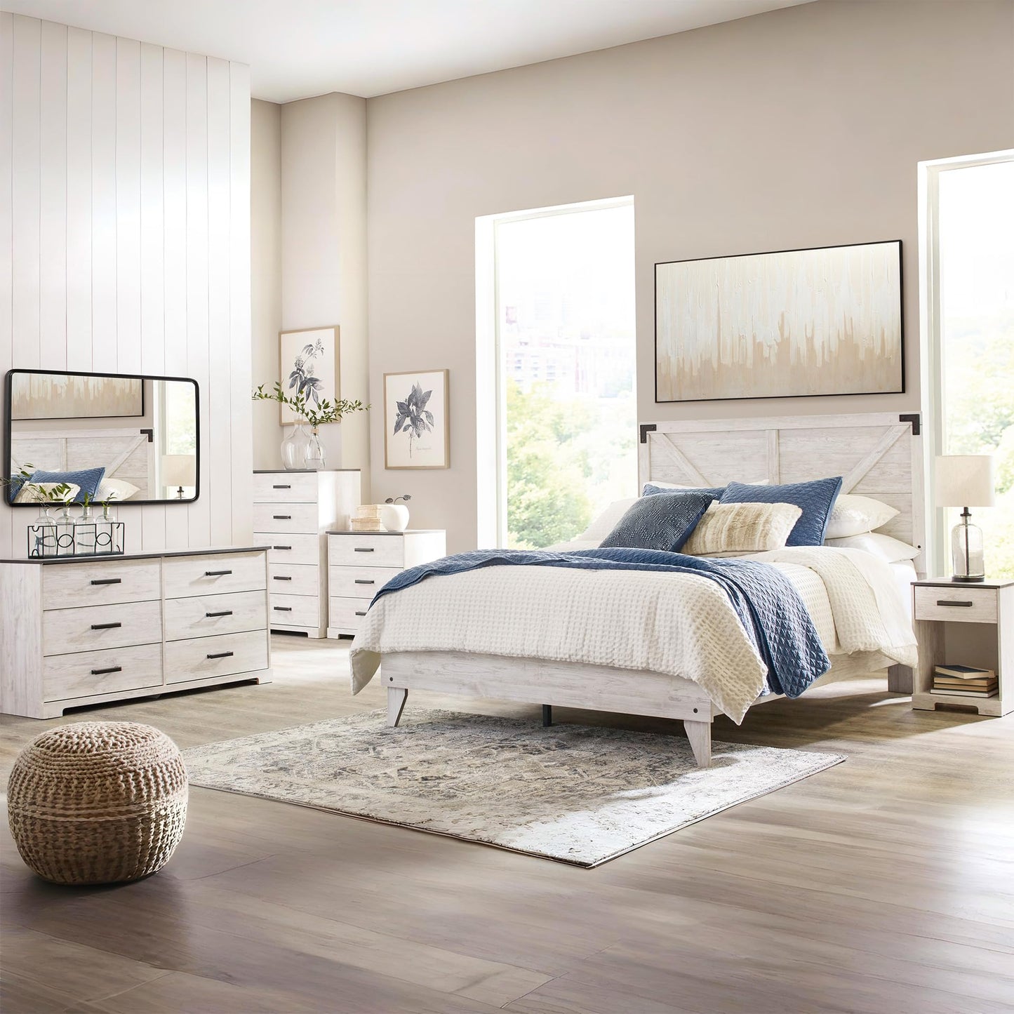 Signature Design by Ashley Shawburn Rustic 5 Drawer Chest of Smooth-Gliding Drawers and Safety Stop, White & Gray