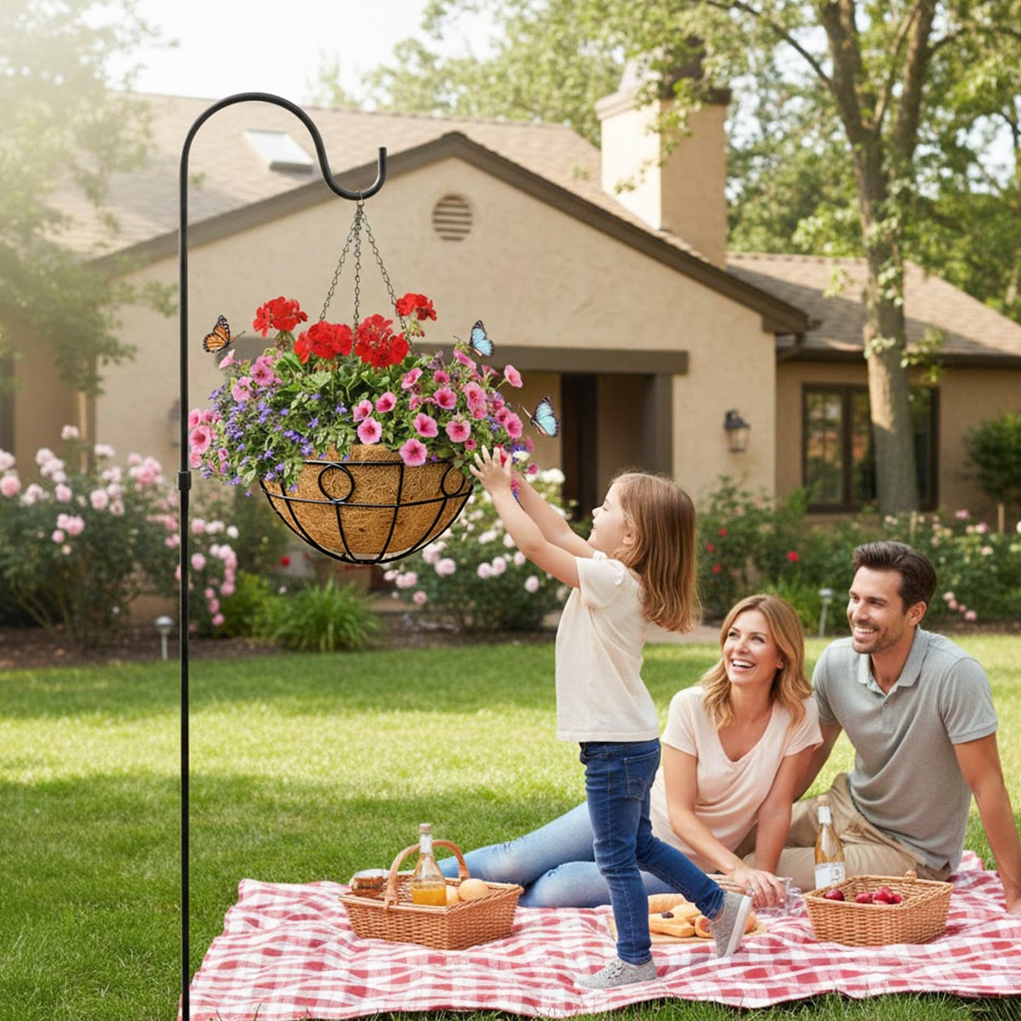 EIMQUVW Outdoor Hanging Planter(4-Pack) Black Metal Hanging Baskets with Coconut Fiber Lining 14 inch Round Chain Flower Pots for Patio Garden Greenery Decoration