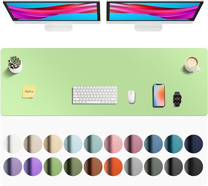 Aothia Faux Leather Desk Mat - Non-Slip PU Leather Desk Blotter, Waterproof Writing Surface, Large Desk Pad for Office & Home (Foam Green, 55" x 17")