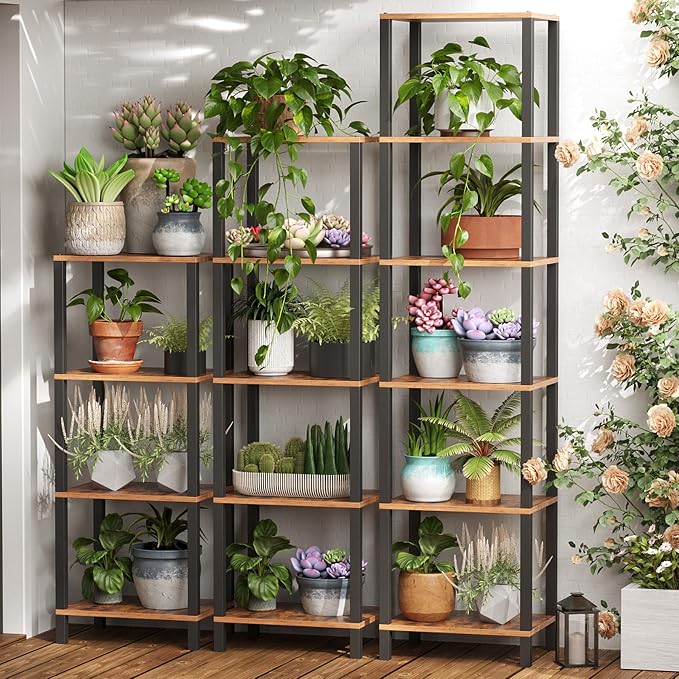 TUTOTAK Bookshelf, 4-Tier Tall Book Shelf, Narrow Bookcase for Small Space, DIY Stackable Bookshelf, for Living Room, Office, Study, Entryway, Industrial, Rustic Brown BS01BB004