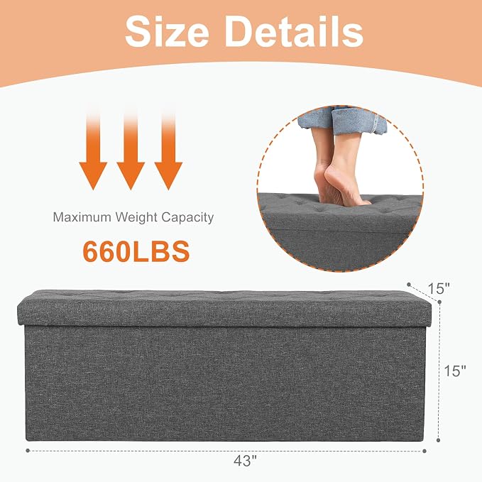 Sweetcrispy 43 Inch Folding Storage Ottoman Bench, Large Hidden Storage Chest with Padded Seat, Foot Rest Stool Supports Up to 660Lbs, End of Bed Bench for Bedroom, Living Room, Linen Fabric, Grey