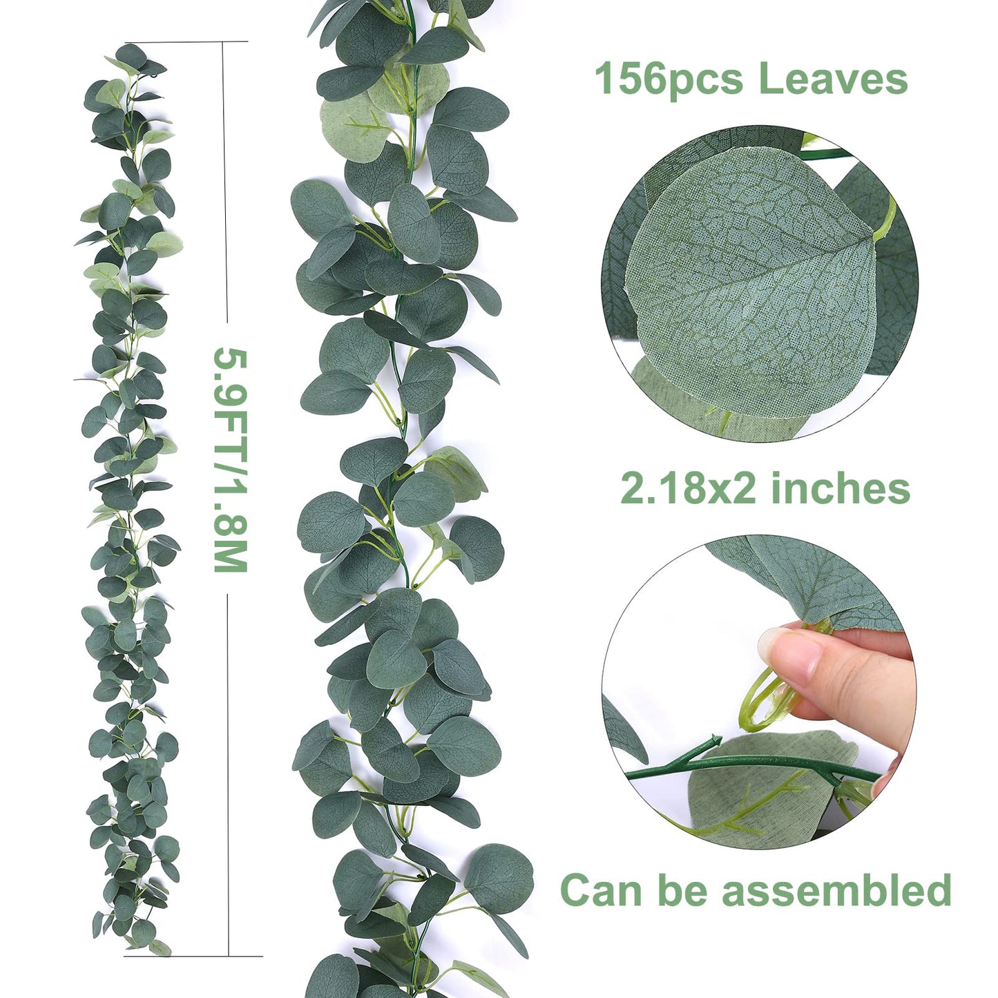 FUGZAUD 2 Pack Artificial Eucalyptus Garland Faux Silk Leaf Silver Dollar Eucalyptus Leaves Vines Handmade Garland Greenery Wedding Backdrop Indoor Outdoor Arch Wall Decoration