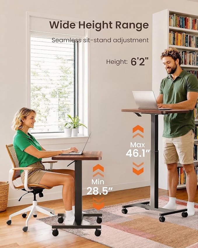 ErGear Mobile Standing Desk with Wheels, Adjustable Height 28.3″ to 46.1″, Rolling Laptop Cart with Cup Holder, Storage Basket, Computer & Pen Slot, Home Office Stand Up Desk, Walnut (31.5″ x 15.75″)