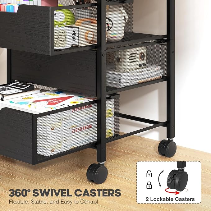 Rolling Cart with Drawers, Wooden Top and Front, with Wheels Metal Under Desk Storage Cart with 4 Drawers, for Office, Bedroom, Classroom, Home, Black