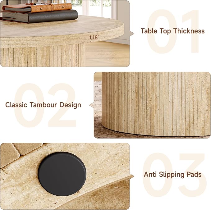 ONBRILL 31.5" Round Coffee Table, Tambour Design Coffee Tables for Living Room, Mid Century Modern Wood Coffee Table, Drum Accent Small Center Table, Travertine Texture