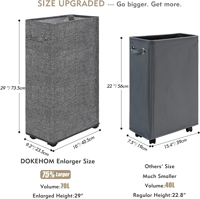 DOKEHOM 29-Inches Enlarged Slim Laundry Basket with Removable Wash Bag on Wheels, Collapsible Rolling Laundry Hamper, Foldable Narrow Corner Clothes Storage Bins (Linen Grey)