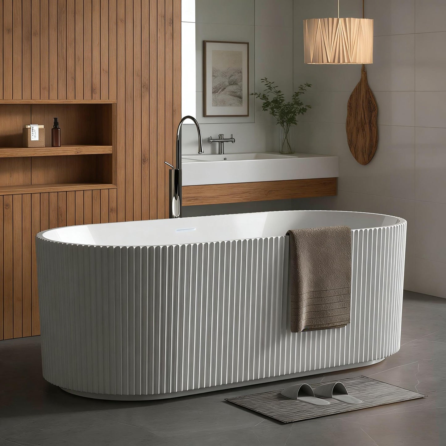 Garvee 59" Acrylic Freestanding Bathtub, Modern Soaking Tub with Matte Drain and Black Overflow, Stripe White, Deep Ergonomic Design, Double-Walled Insulation, cUPC Certified Bath Tub