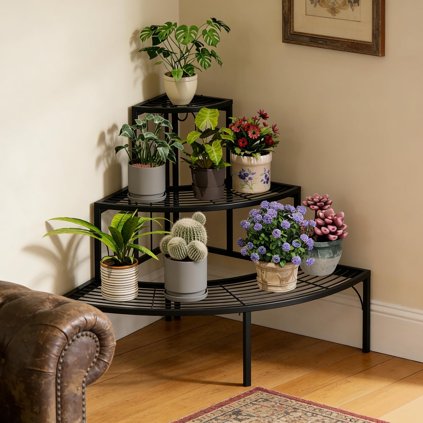 SIMHOMSTOR Plant Pot Stand Shelf, 3 Tier Flower Quarter Display Rack, Metal Succulent Plants Storage Holder for Outdoor and Indoor, Black