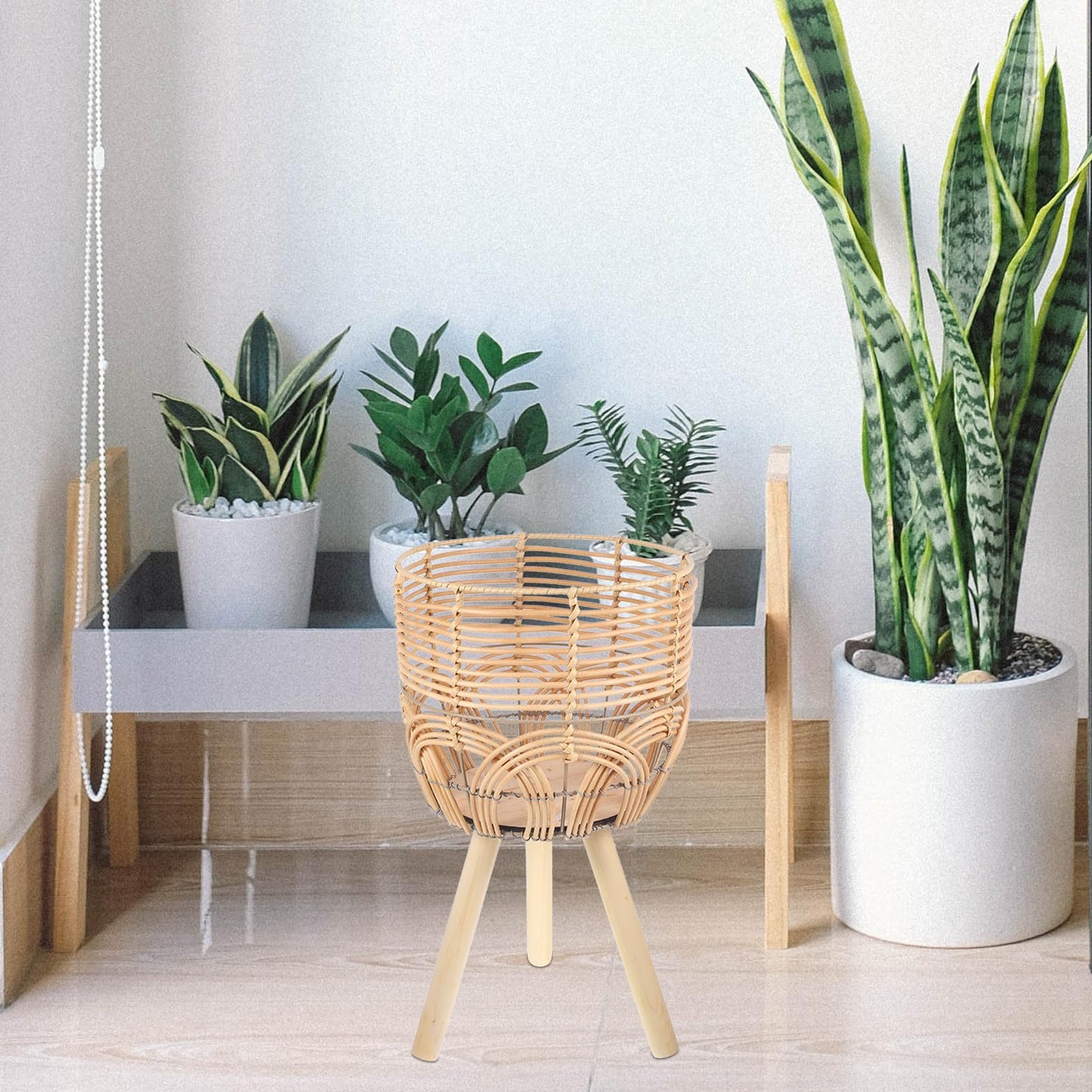 BESTonZON Woven Plant Stand with Flower Basket Indoor Outdoor Plant Pot Rack for Living Room Balcony Medium Size Natural Fiber Holder