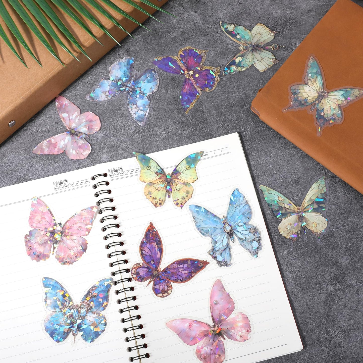 80PCS Holographic Glitter Butterfly Stickers Transparent Pretty Shiny Butterfly Decals Waterproof Transparent PET Decals for Scrapbooking Journaling Planners Phone Water Bottle DIY Crafts