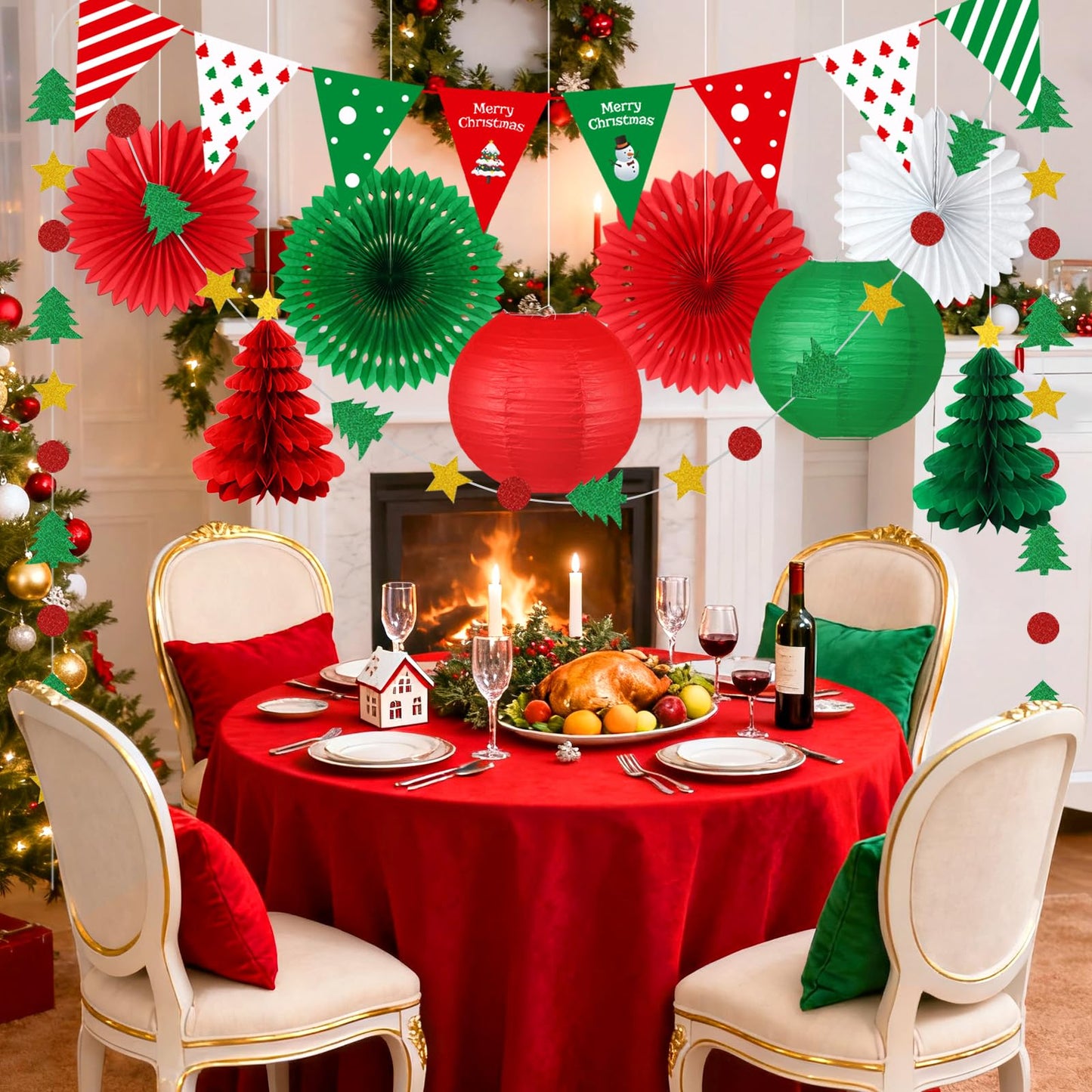 YOVIWEI Christmas Party Decorations - Red & Green Christmas Flag, Xmas Tree Honeycomb Balls Garland Paper Fans Paper Lanterns for Holiday Party Decorations Winter Party New Year's Eve Classroom Decor
