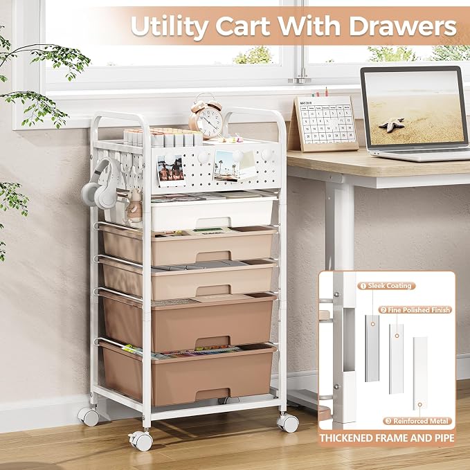 5 Drawer Rolling Storage Cart with Pegboard Top and Hooks, Mobile Organizer Cart with Wheels for Office Supplies, Craft Storage, Classroom Organization, Home Utility Cart, Brown