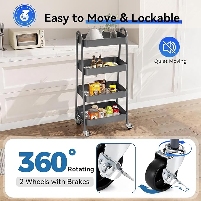 OLIXIS Metal 4 Tiers Utility Rolling Cart, Mobile Storage Shelf with Lockable Caster Wheels, Organization for Livingroom, Bathroom & Narrow Places, 4-Tier Gray