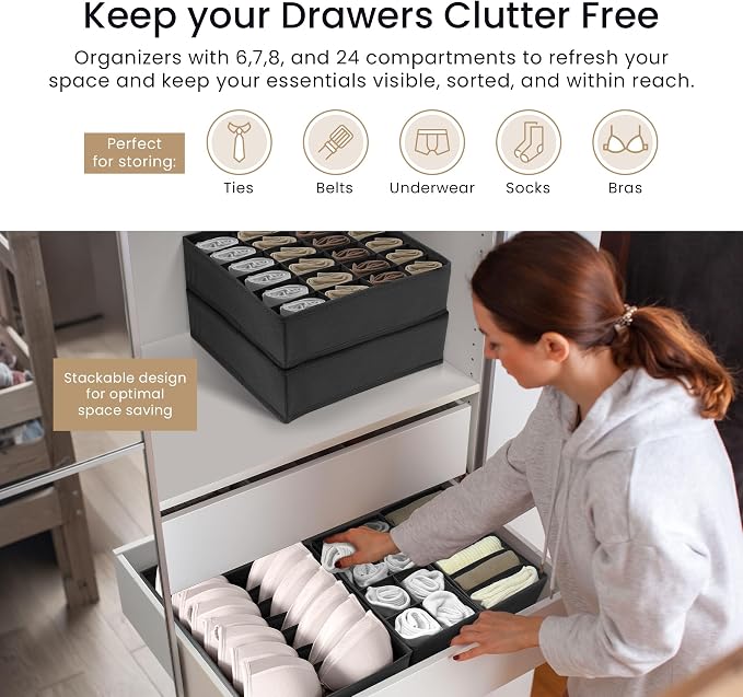 Reli. Sock Organizer (14 Pack) | 132 Cell Underwear Organizer | Drawer Dividers for Underwear, Sock, Tie, Bras, Clothing, Baby Clothes | Foldable Fabric Storage Bins for Drawer, Closet, Dresser (Gray)