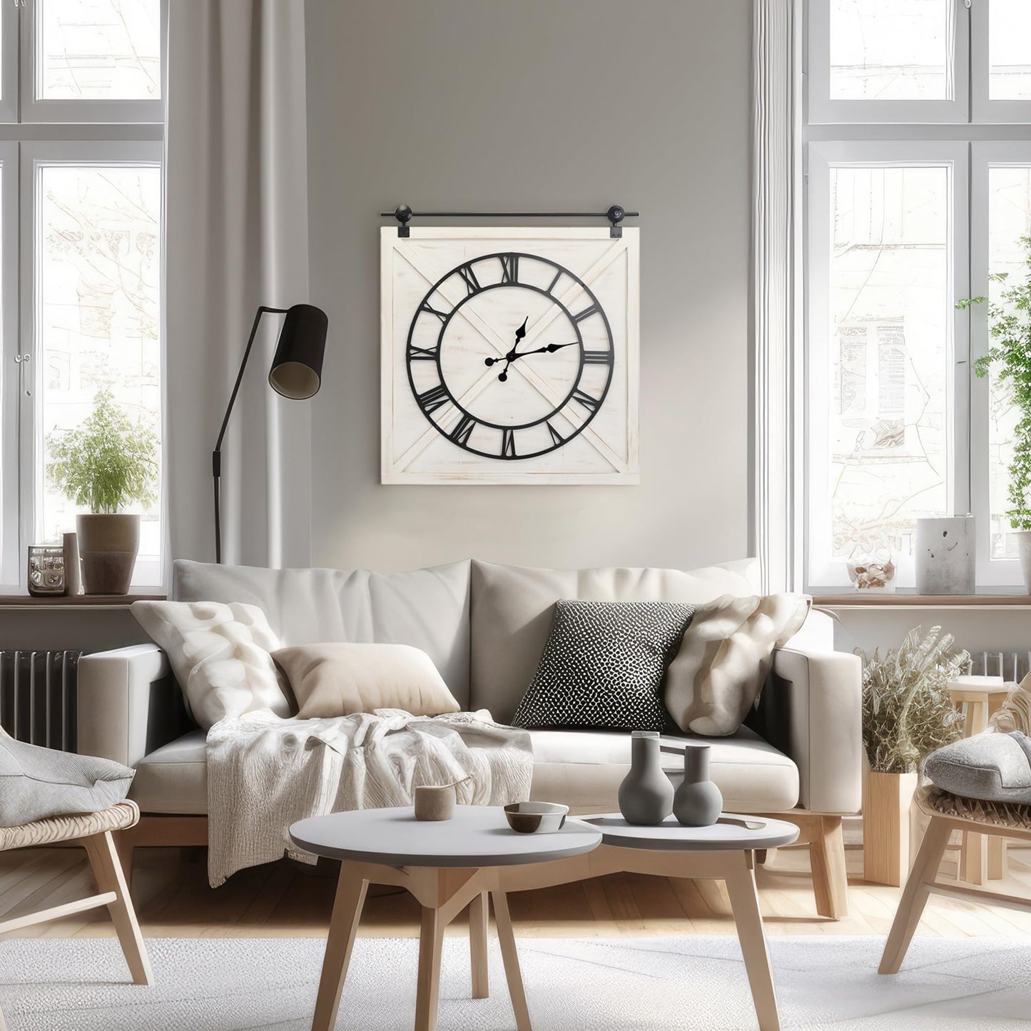 FLORA Large Farmhouse Wall Clock,Rustic Barn Door Wall Clocks for Living Room Decor, Battery Operated 29.5" H x 27" W, Whitewash