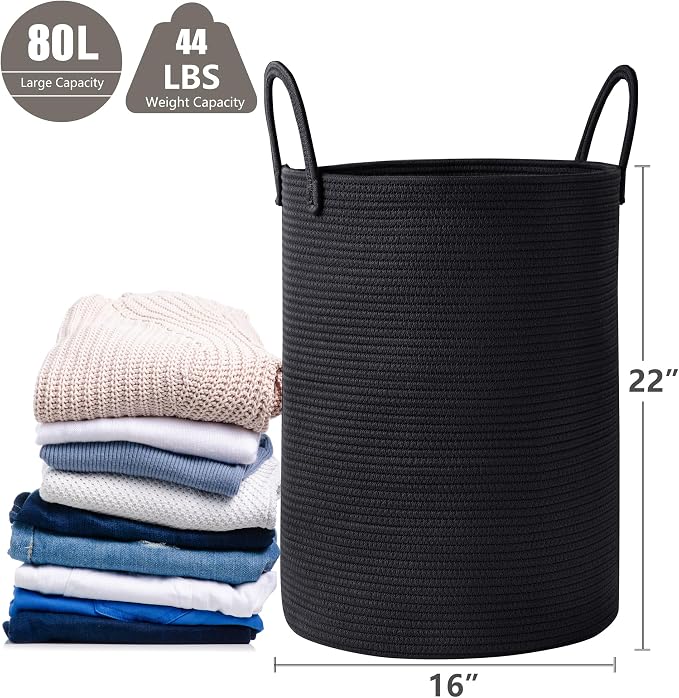 80L Extra Large Black Laundry Hamper Tall Woven Rope Laundry Basket for Clothes Modern Blanket Storage Basket in Living Room Bedroom 16"L x 16"W x 22"H