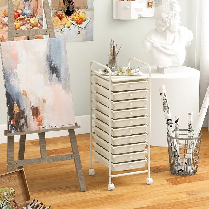 MEDIMALL 10 Drawers Rolling Storage Cart, Multipurpose Craft Storage Cart with Wheels, Mobile Tools Scrapbook Paper Organizer Cart for Office School Home Use