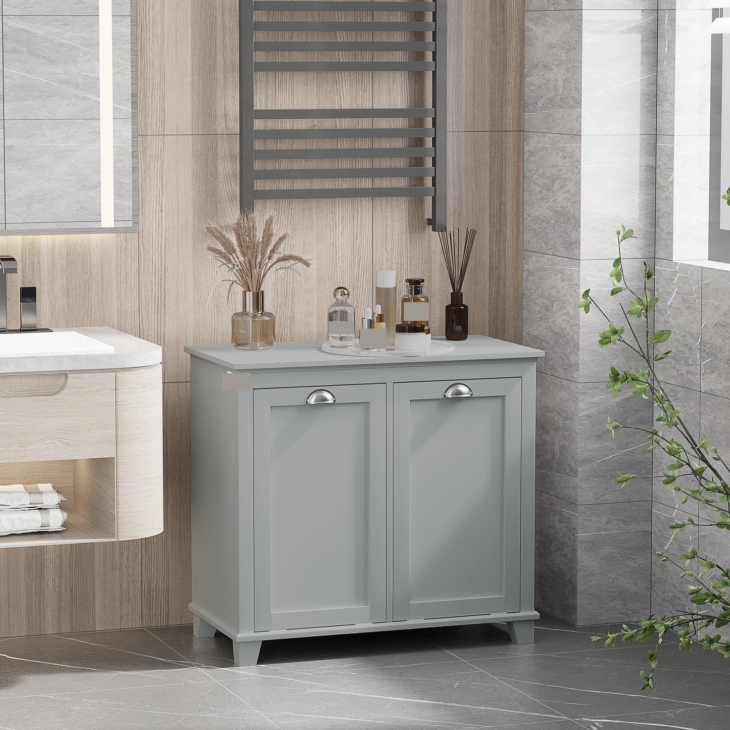 Modern Tilt-Out Laundry Sorter Cabinet, Bathroom Storage Organizer with Two-Compartment Tilt-Out Hamper,for Kitchen Home