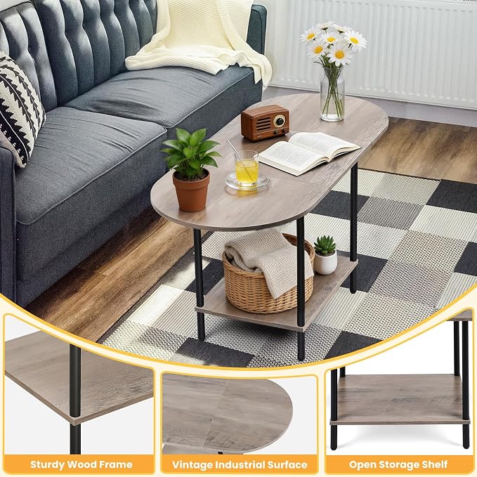 Small Coffee Table,35.4'' Oval Coffee Table with Storage Shelf & Metal Frame,Low Cocktail Tea Accent Table for Apartment,Modern Mid Century Small Living Room Table,Rustic Grey