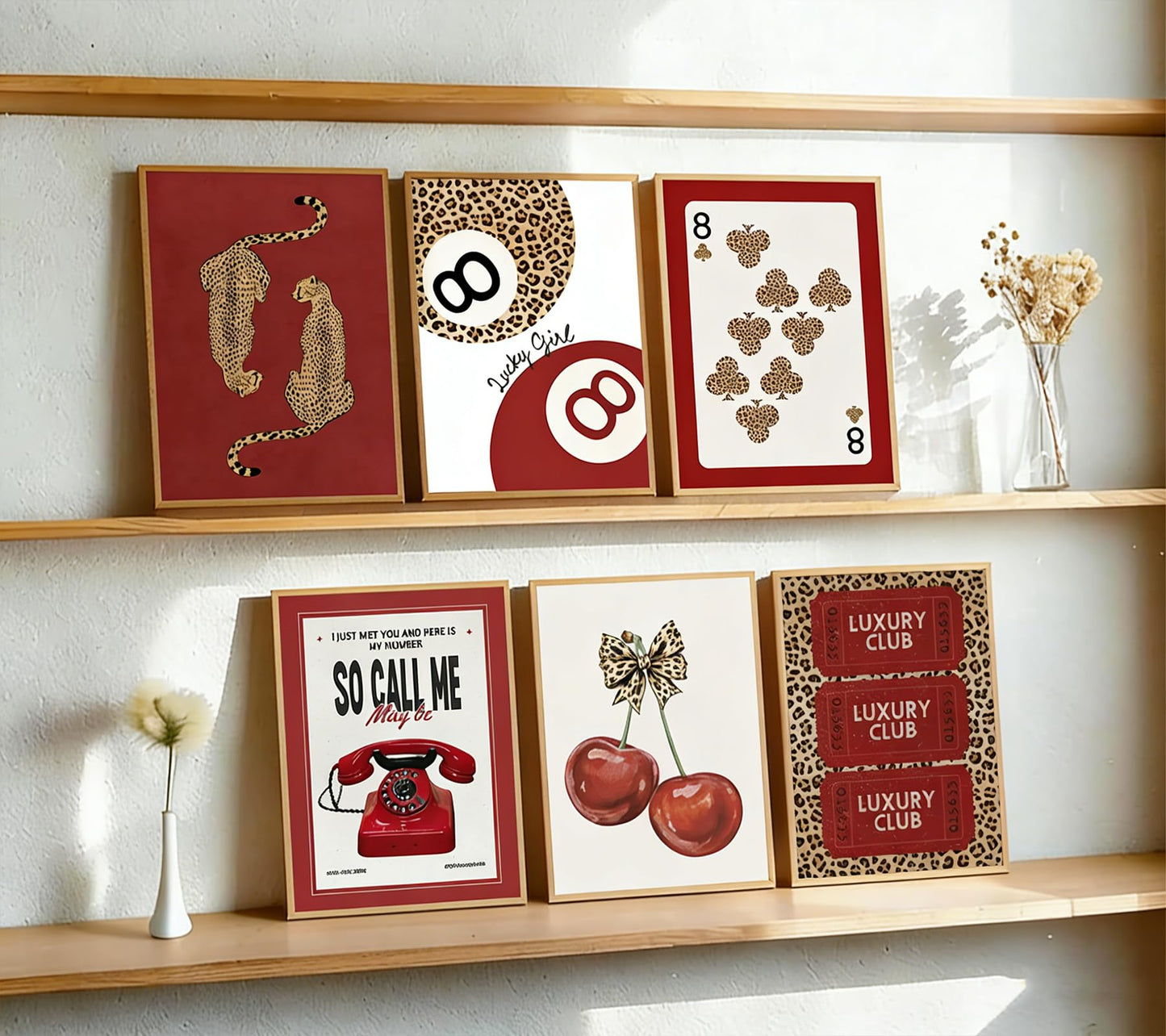 6Pcs Red Trendy Leopard Wall Art Funky Lucky 8 Ball Poker Painting Pictures Preppy Cherry Bow Wall Decors Y2K Cheetah Posters Print Artworks for Bedroom Dorm Apartment Home Decoration 8x10in Unframed