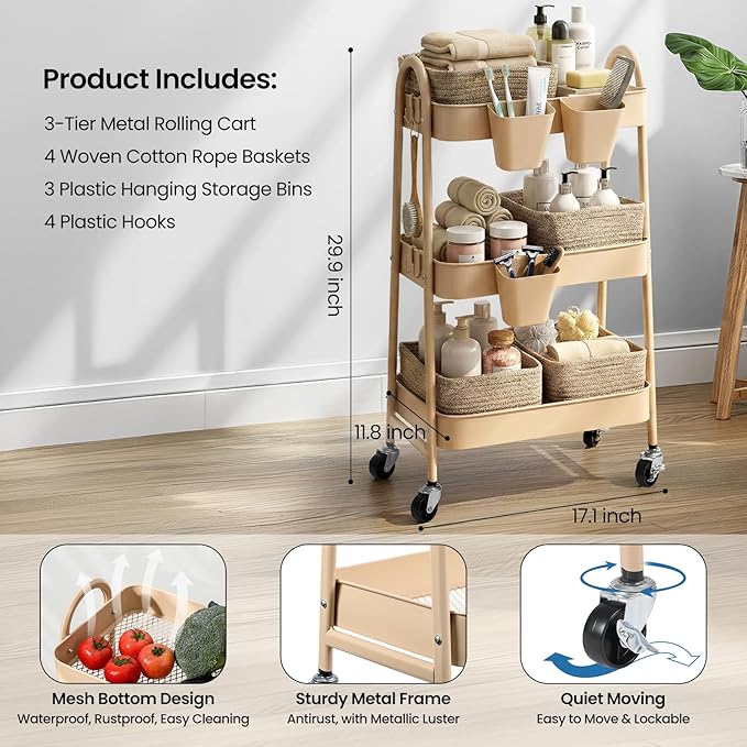 3-Tier Rolling Utility Cart with 4 Woven Baskets, Diaper Book Snack Cart, Storage Organizer for Nursery, Kitchen, Craft Room, Home SPA, Living Room, Metal Frame Trolley on Lockable Wheels, Brown