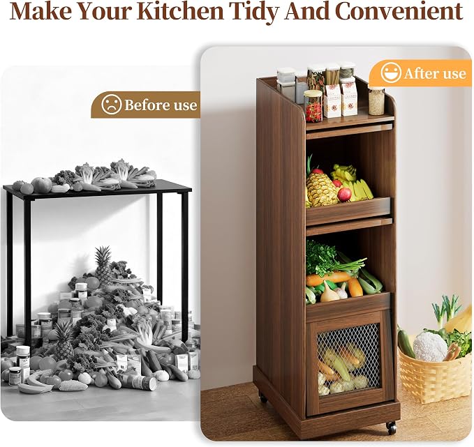 4 Tier Narrow Potato Storage Bin, Tall Wood Potato and Onion Storage Bin with Wheel, Movable Fruit and Vegetable Basket, Food Small Kitchen Pantry Cabinet, Wooden Bread Box, Walnut, Sliding Door